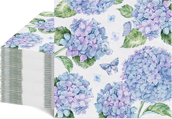 100 Pcs Hydrangea Napkins, Floral Cocktail Napkins Blue and Light Purple Hydrangea Flower Napkin Beverage Dessert Napkin for Bridal Baby Shower, Tea Party, Birthday