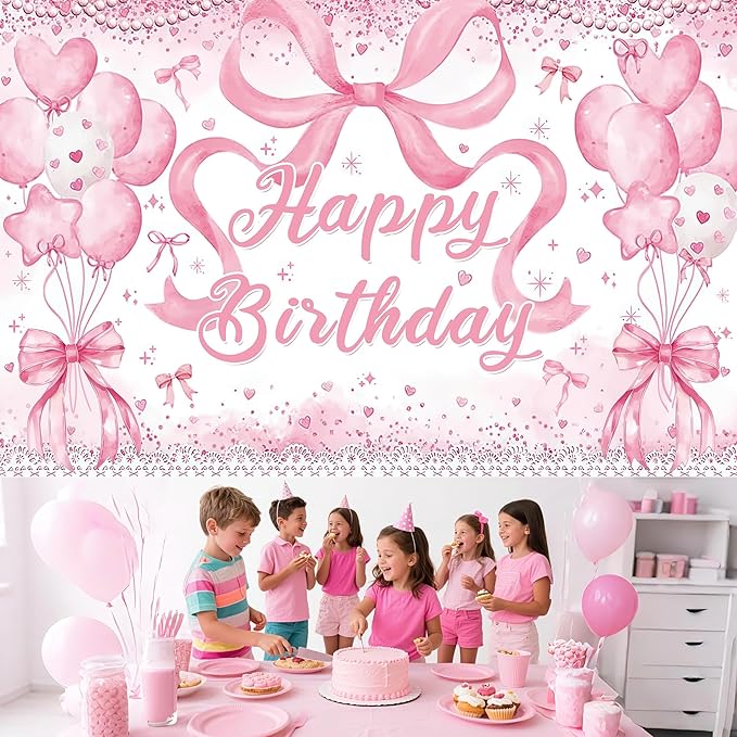 Cute Pink Bownot Birthday Party Backdrop Pink Bow Balloon Happy Birthday Banner Photography Background for Girls Teens Party Supplies 70.8 x 47.2 Inch