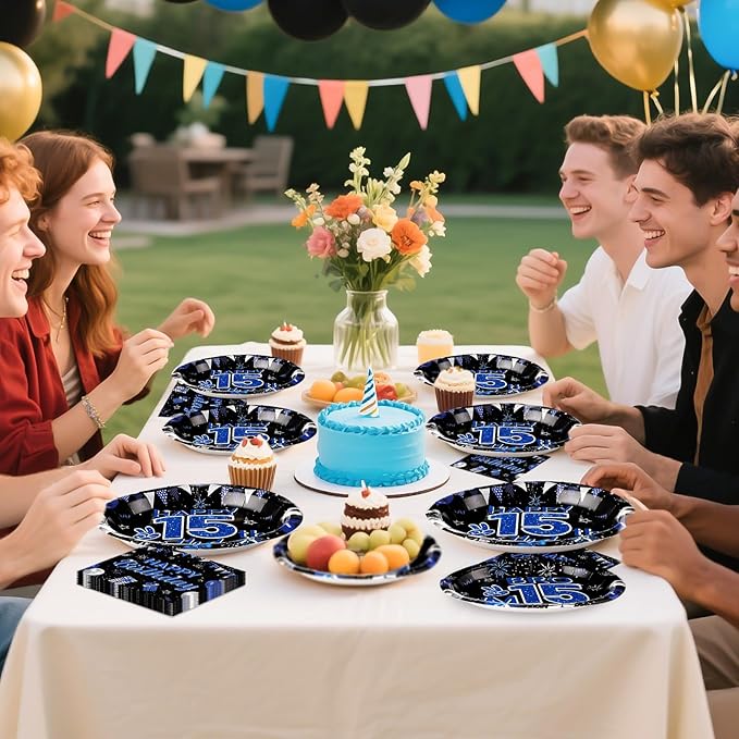 Grencian 96Pcs 15th Birthday Party Decorations for Boys Blue and Black 15th Birthday Plates Disposable Official Teen 15 Tableware for Teen Boy I’m 15 Bro 15 Years Old Halloween Party Serves 24