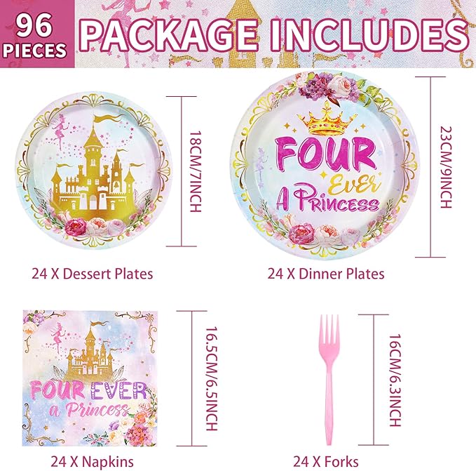 96 Pcs Princess Birthday Party Supplies 350 GSM Four Ever a Princess Plates and Napkins Tableware Set Watercolor Pastel Rainbow Castle Party Decorations for Girl 4th Birthday Fairytale Party Serves 24