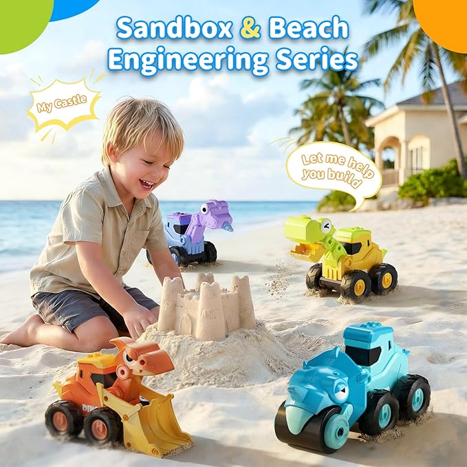 Construction Toys for 2 3 4 5 Year Old Boy Kids Toddlers, Press and Go Dino Truck Construction Vehicle Toys Sandbox Excavator Toys Boy Birthday Gifts