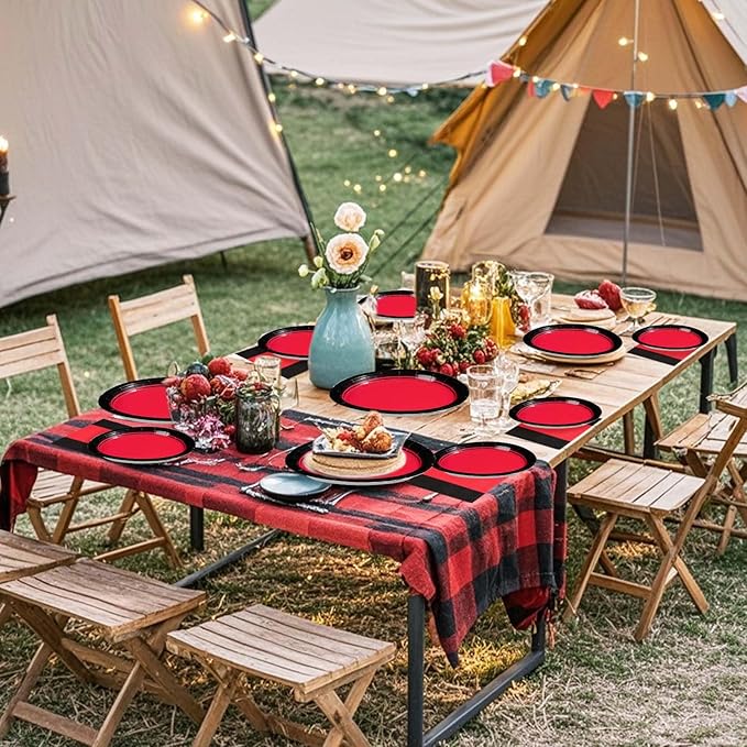 Grencian 96Pcs Red and Black Party Decorations Valentine's Day Red and Black Plates and Napkins Disposable Tableware Set for Birthday Wedding Valentine's Day Party Supplies, Serves 24