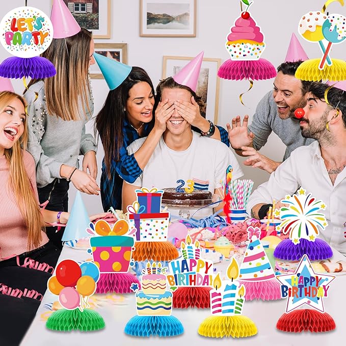 12 Pcs Happy Birthday Party Decorations, Colorful Happy Birthday Decorations, Table Honeycomb Centerpieces Decor Table for Party Supplies for Women Men The Kids' Boys Girls
