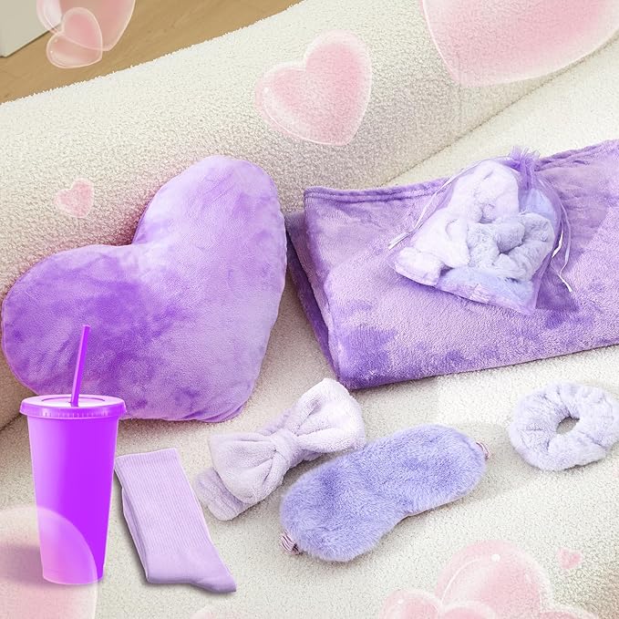 48 Pcs Sleepover Party Supplies Spa Birthday Slumber Pajamas Galentines Party Favors Coquette Throw Blanket Pillow Headband Scrunchies Eye Mask Cup Socks(Purple,Solid Color)