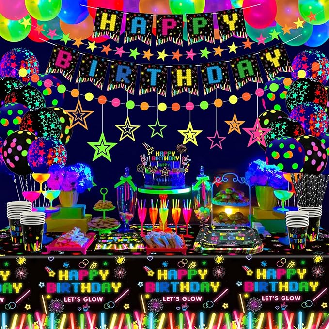 241 PCS Glow Neon Party Supplies Neon Glow Tableware Set Neon Balloon Glow in the Dark Birthday Banner Hanging Star Cake Toppers for Blacklight Party Decoration Serves 20 (Glow Set A)