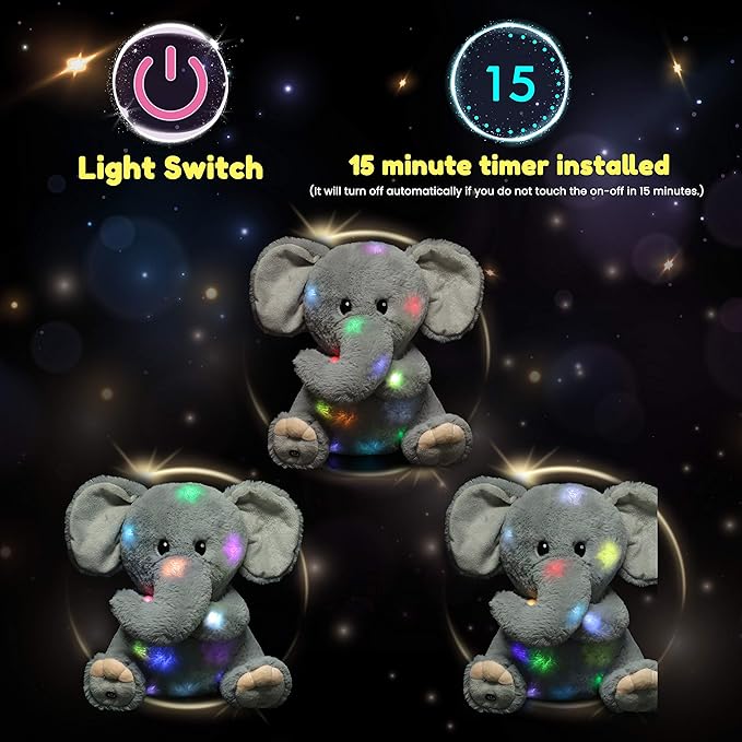 Hopearl LED Plush Elephant Lighting Up Stuffed Animal Floppy Night Lights Glow in The Dark Birthday Festival for Kids Toddler Girls, Gray, 11''