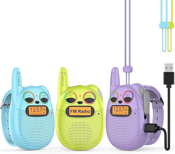 Qniglo Kids Walkie Talkies Rechargeable, Gifts for 3-12 Year Old Girls Boys, Walkie Talkies for Kids with FM Radio, Adventure Camping Games, Best Chritmas Birthday Toys Gifts for Kid, 3 Pack