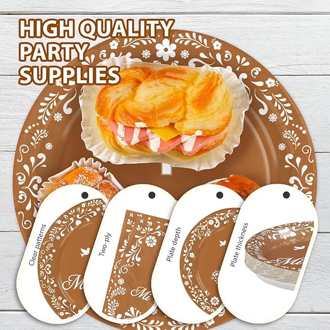 96 Pcs Mexican Baptism Decorations Disposable Brown Mexican Paper Plates and Napkins Lindo Tableware Set for Boy Christening First Holy Communion Baptism Baby Shower Party Supplies