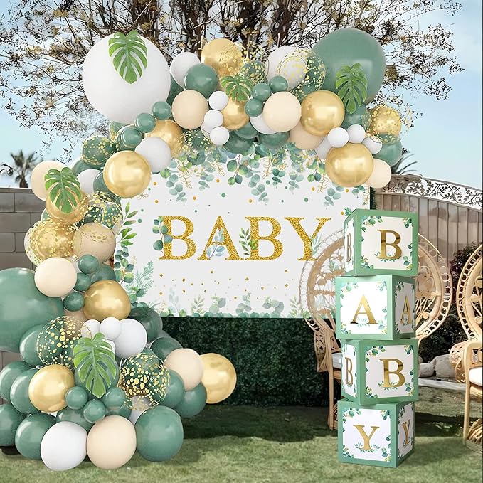 Sage Green Baby Shower Decorations 125PCS Green Balloon Arch Kit, Balloon Boxes, Backdrop for Woodland Jungle Theme Baby Shower Decor Gender Reveal Birthday Party Supplies