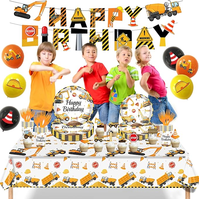 Construction Birthday Party Supplies for 24 Guests - Decorations Include Plates, Napkins, Cups, Tablecloth, Cake Toppers for Boys Construction Theme Birthday Party