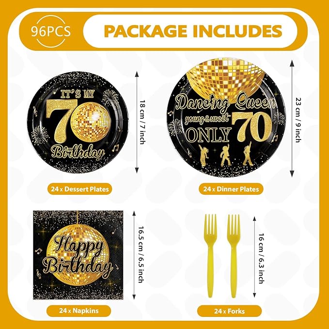 96Pcs Happy 70th Birthday Party Supplies Dancing Queen Young and Sweet Only 70 Plates and Napkins Disco Black Gold Tableware Set for Queen Women Cheers to 70 Years Party Supplies, Serves 24