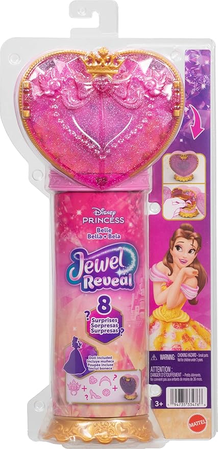 Mattel Disney Princess Belle Fashion Doll & Accessories with 8 Surprises, Including Heart Gem Box, Ring for Child & 9 Pieces, Inspired by Movie