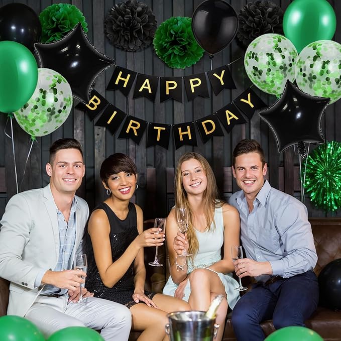 Birthday Decorations for Men Green and Black Party Decor Supplies Boy Including Happy Birthday Banner Confetti Latex Balloon Foil Balloon and Ribbon