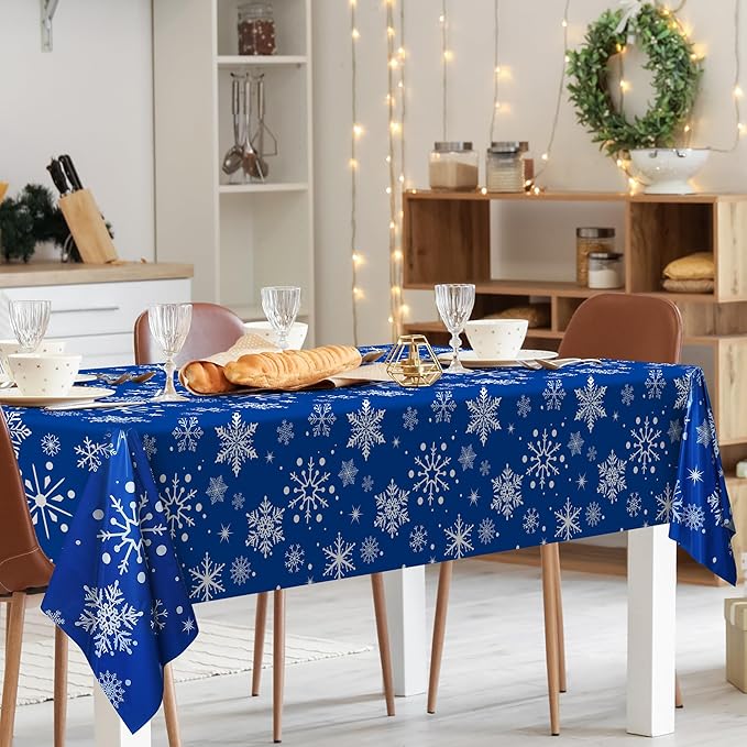 Kochorie 100 Ft x 54 Inch Blue Snowflake Tablecloth Roll with Cutter Box Christmas Themed Snowflake Printed Disposable Winter Backdrop Cut to Size Table Cover for Frozen Birthday Party Supplies