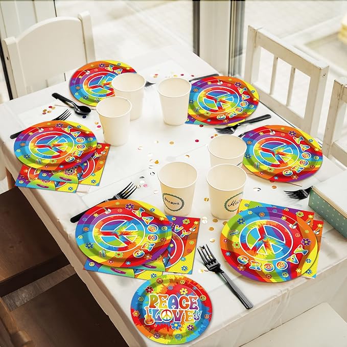 96 PCS 60’s Party Hippie Tableware Set Groovy Plates Napkins 60s Hippie Themed Decorations Peace Love Tie Dye Style 70s Disposable Paper Tableware Birthday Party Supplies Favor for 24 Guests