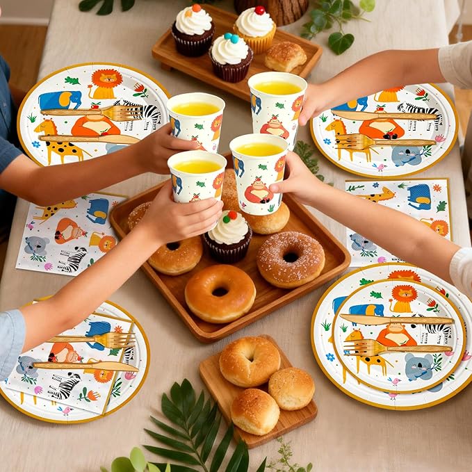 144Pcs Jungle Animals Birthday Party Supplies Decorations Animal Themed Paper Plates Napkins Vintage Party Tableware Disposable Dinnerware for Girl Boy Kid Birthday Baby Shower Table Decor, Serve 24