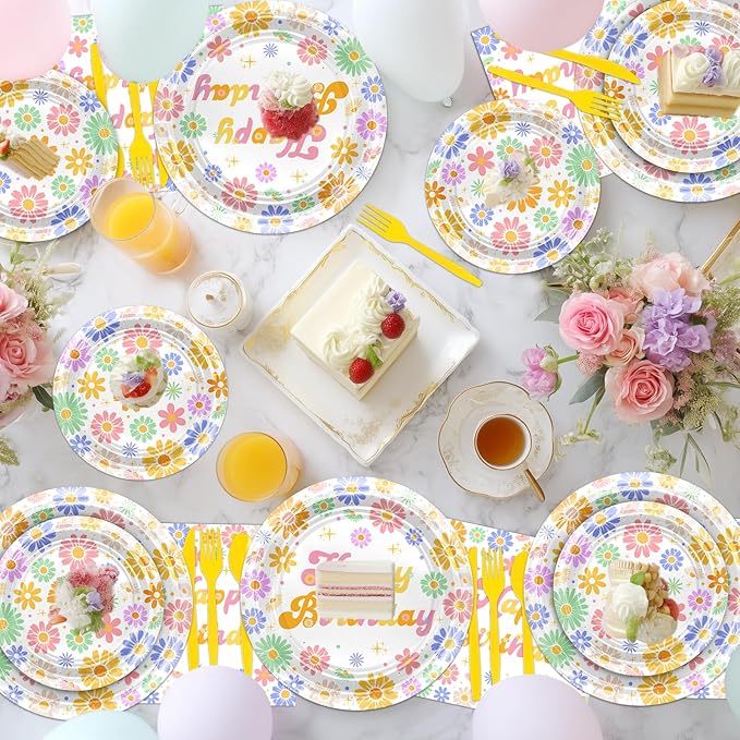 Avezano 168 PCS Daisy Birthday Party Decorations Retro Hippie Plates Napkins Tableware Set for Groovy Daisy Birthday Party Supplies, Serves 24