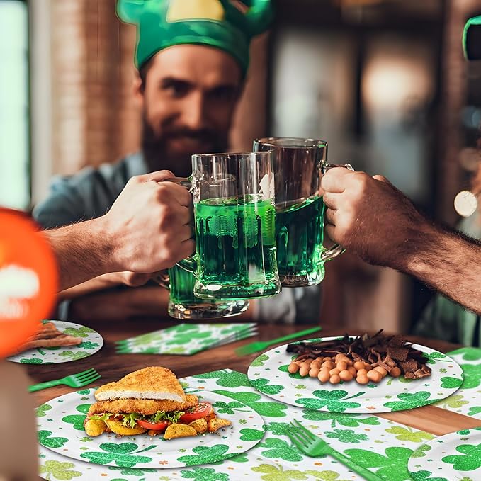96 Pieces St. Patrick's Day Shamrock Tableware Party Supplies - Disposable Lucky Clover Design Dinnerware Set with Paper Plates, Napkins, and Forks for Irish Theme Party Celebrations - Serves 24