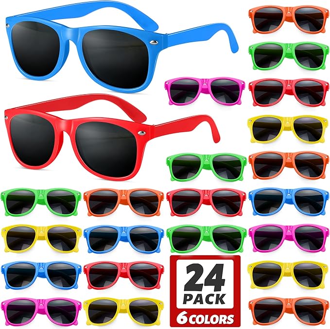 GINMIC Kids Sunglasses Party Favors, 24Pack Valentines Neon Sunglasses for Kids, Boys and Girls, Great Gift for Birthday Party Supplies, Beach, Pool Party Favors, Fun Gift, Party Toys