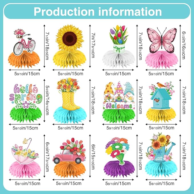 12 Pcs Spring Decorations Honeycomb Centerpieces, Spring Decorations for Office 3d Double Side Honeycomb Decorations, Spring Decorations for Classroom, Spring Centerpieces for Tables