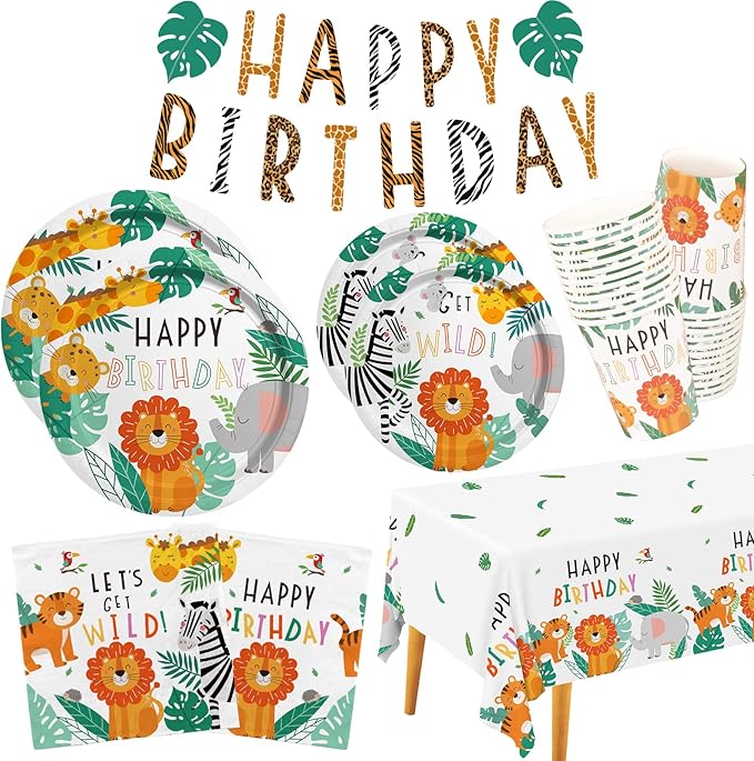 Safari Birthday Party Supplies Jungle Disposable Paper Plates Napkins Cups Tablecloth and Banner for Safari Jungle Theme Birthday Decorations, Serve 25