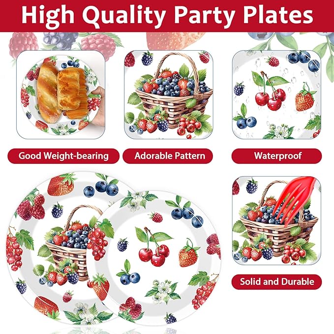 gisgfim 96 Pcs Berry Party Supplies Berry Paper Plates Napkins Strawberry Blueberry Birthday Party Disposable Tableware Set Berry Sweet Party for Girls Kids Baby Shower Decorations Favors Serves 24