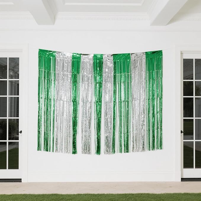 3 Packs Green Silver Foil Fringe Curtains, Birthday Party Decorations Backdrop Tinsel Steamer, Graduation Party Decorations Retirement Decor Party Backdrop