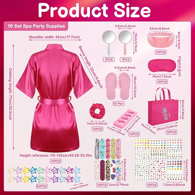 122 Pcs Kids Spa Party Favors Kit - Girls Satin Robes, Nail Salon & Tote Bags for Slumber, Birthday & Halloween Parties - Complete DIY Spa Set for 10 Guests