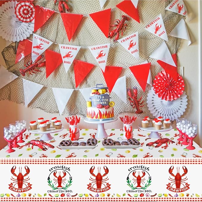 PHOGARY Crawfish Boil Party Supplies Lobster Tablecloth, Plastic Red Lobsters Table Cover for Crawfish Birthday, Seafood Boil Party Decorations - Rectangular Table Decor 108 x 51inch