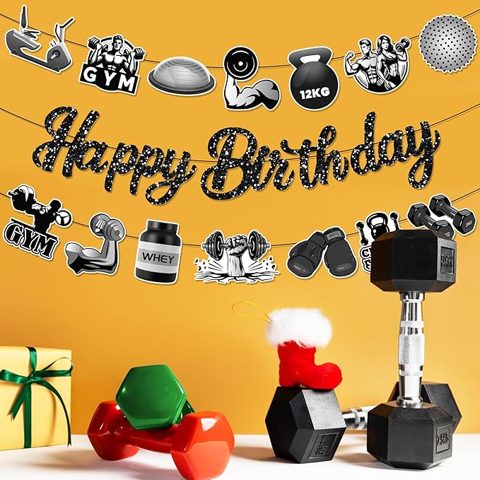 CC HOME 3Pcs Gym Happy Birthday Banner Barbell Boxing gloves Party Hanging Banner Fitness Theme Birthday Bridal Wedding Baby Shower Boys Girls Kids Home Classroom Party Supplies Decorations