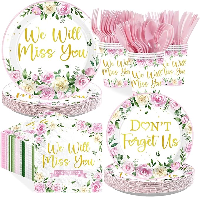 168Pcs We Will Miss You Party Decorations Pink Floral Farewell Plates Cups and Napkins Tableware Set Rose Gold Flowers Decorations for Spring Going Away Goodbye Retirement Party Supplies Serves 24
