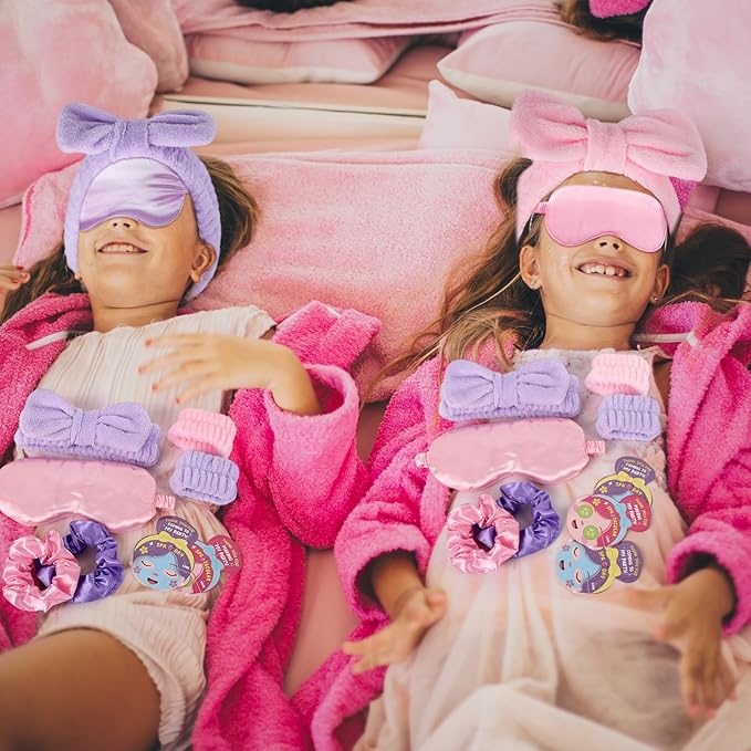 72 Pcs Girls Spa Sleepover Party Supplies With DIY Sticker And Greeting Card Pink Purple Headband Wristbands Eye Mask Hair Scrunchie Tote Bag Sleeping Slumber Party Favor