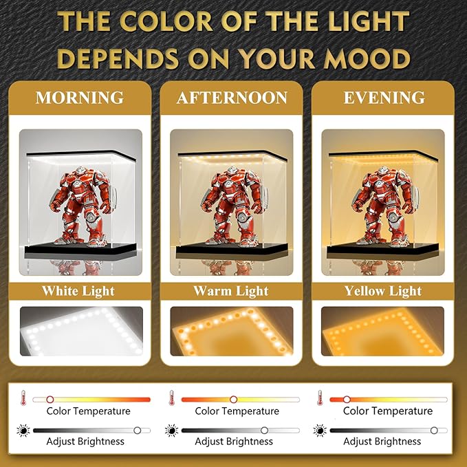 LANSCOERY Small Acrylic Display Case with Adjustable Yellow/White/Warm LED Light, UV Protection Clear Display Box, Dustproof Showcase for Action Figures, Models, Collectibles - 4x4x4inch