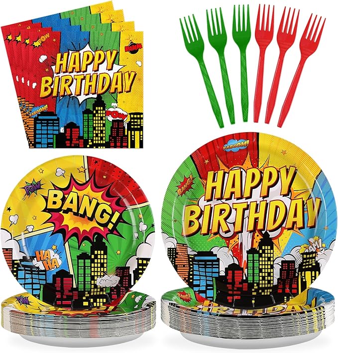 Grencian 96Pcs Super Theme Hero Party Supplies Hero's Action Sign Cityscape Plates and Napkins Tableware Sets Colors Comic Hero Decorations for Boys Cartoon Spider Birthday Favors Serve 24