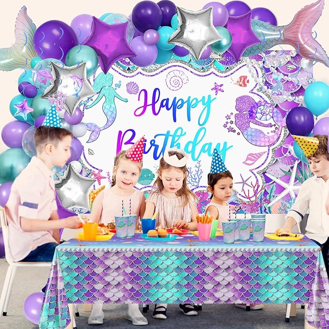 Avezano 321 PCS Mermaid Birthday Party Supplies Includes Disposable Paper Plates, Cups, Napkins, Tablecloth, Banner & Balloon Arch Kit for Girls Women Mermaid Party Decorations, Serves 24