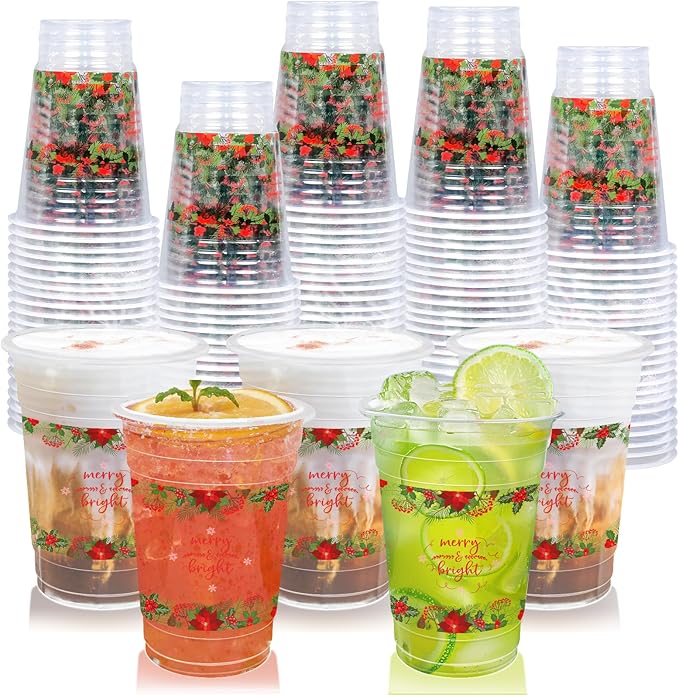 60 Pieces 16oz Christmas Poinsettia Cups,Holiday Party Drinkware Table Decorations Supplies,Plastic Disposable Cups for Merry Christmas Party Decorations