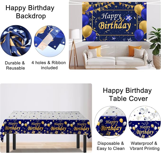 Gold and Blue Birthday Decorations for Men Boys Women Girls, 80pcs Blue and Gold Party Decorations Happy Birthday Backdrop Banner White Confetti Star Balloons Arch Tablecloth Party Supplies