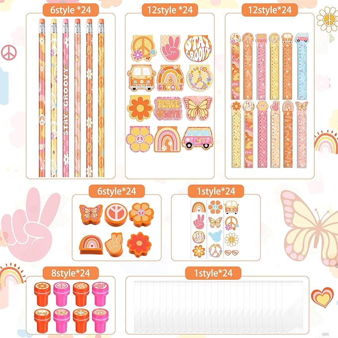 PerKoop 168 Pcs Groovy Party Favors Birthday Decorations Retro Boho Hippie Themed Two Groovy Mini Notebook Pencil Sticker Stamp Gift Goodie Bag for 60s 70s Peace Rainbow Daisy Prizes Piñata Fillers