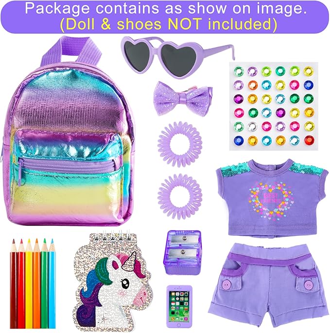 18 Inch Girl Doll Clothes and Accessories School Supplies Playset with Clothes Set, School Bags, Sunglasses, Pencils, Pencil Sharpener, Notebooks, Phone, Hair Clip, Stickers （No Dolls）