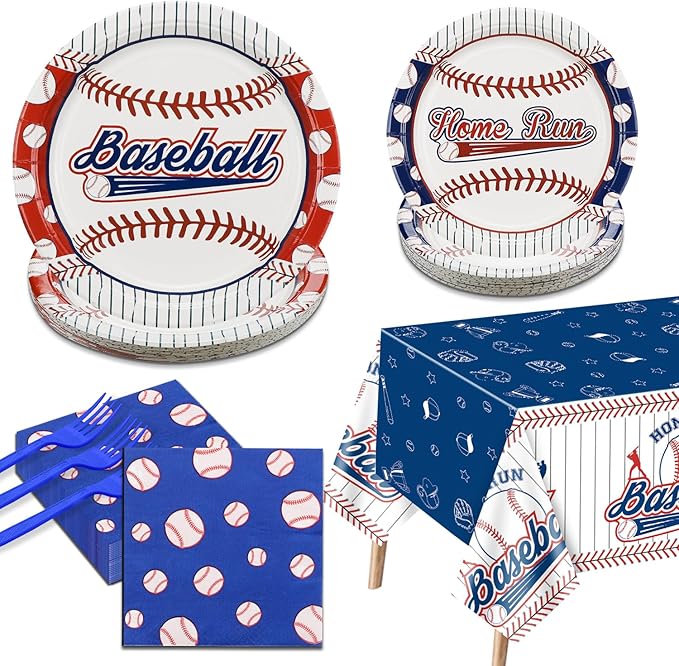 Baseball Party Decorations - 81Pcs Baseball Plates and Napkins Sets, Tablecloth, Blue Forks for Sports Fans Kid Adult Birthday Party Supplies, Serve 20