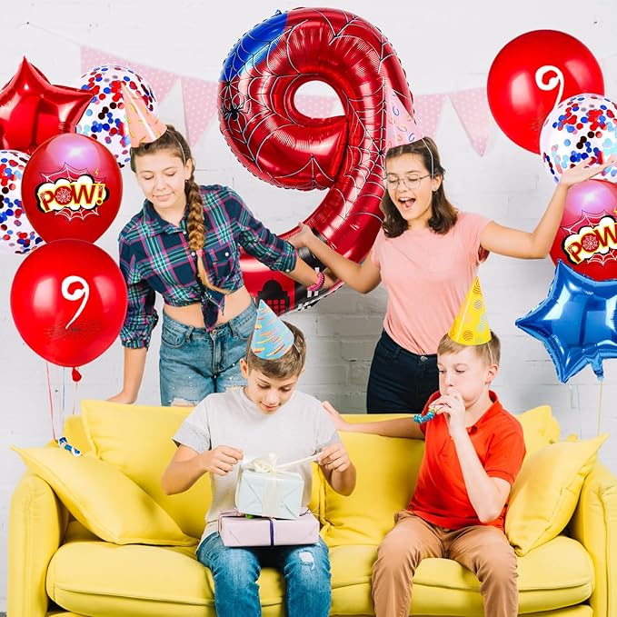 Cartoon Hero 40 Inch Red and Blue Spider Theme Number Foil Birthday Decoration Balloons, Cartoon Party Birthday Supplies, Number Balloons for Spider Theme Party (9)
