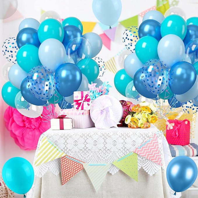 Teal Blue Balloons, 50PCS 12 Inches Turquoise Blue Pearl Latex Balloons With Metallic Confetti Balloon for Ocean Shark Sea Birthday Theme Party Decorations