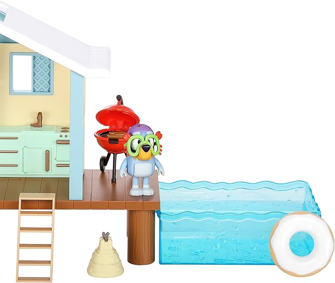 Bluey Beach Cabin Playset, 10”, Customizable Toddler House Playset with 10 Play Pieces and 2.5” Goggles Figure, Toy Houses for Kids Ages 3+