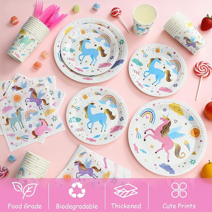144Pcs Unicorn Birthday Party Supplies Decorations Kids Girl Themed Paper Plates Napkins Vintage Party Tableware Disposable Dinnerware for Girl Kid Birthday Baby Shower Table Decor, Serve 24