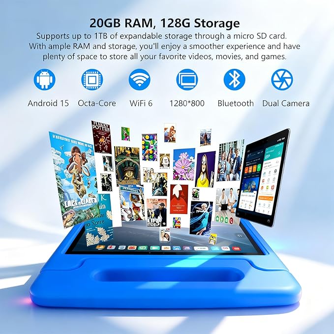 Kids Tablet 11 inch Android 15 20GB + 128GB Octa-Core 8000mAh Todder Tablet with Drop-Proof Case, Parental Control, WiFi 6 and Bluetooth, Blue