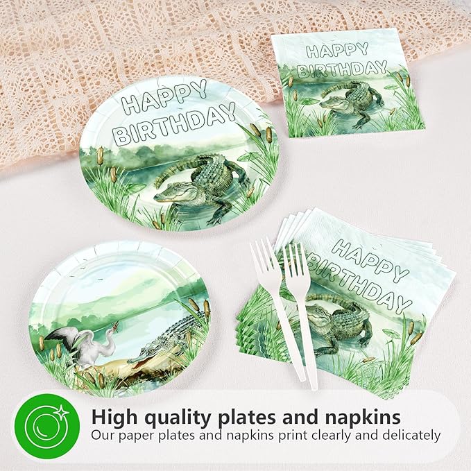 96Pcs Alligator Birthday Decorations Reptile Crocodile Alligator Plates and Napkins Watercolor Crocodile Birthday Decorations Favors for Kids Boys Reptile Bday Baby Shower Party Supplies Serves 24