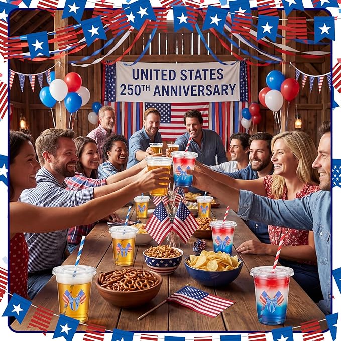 50 Pcs 16 oz 4th of July Cups Bulk Patriotic Party Favors Plastic Tumblers Red White and Blue Independence Day Disposable Party Supplies USA Memorial Drinking Cups for Coffee Juice Beverage