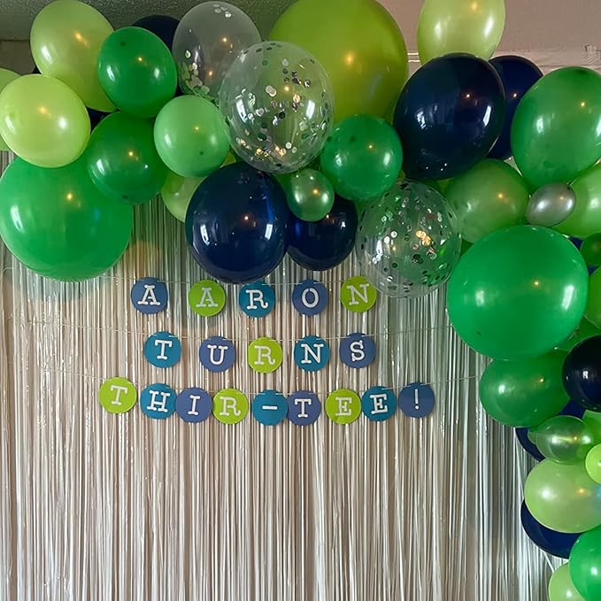 Blue and Green Balloons, 12 Inch Dinosaur Balloons, Navy Blue Dark Fruit Green White Teal Latex Balloon Set with Confetti Balloon for Boys Dinosaur Birthday Football Video Game Jungle Dino Theme Party