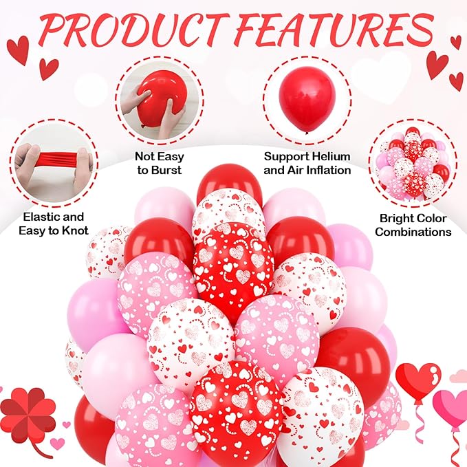 Red and Pink Balloons, 50 Pcs 12 Inch Pink and White Heart Printed Latex Balloon, Red Helium Heart Balloons, for Valentine’s Day Wedding Engagement Anniversary Baby Shower Birthday Party Decorations