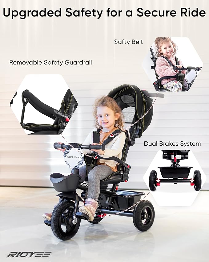 7-in-1 Tricycle for 18 Months to 5 Years, All-Terrain Rubber Tires, Dual Wheel Brakes, Rotatable Seat for Toddlers 1.5-3, Tricycle for 3-5 Years with DIY Stickers, Black